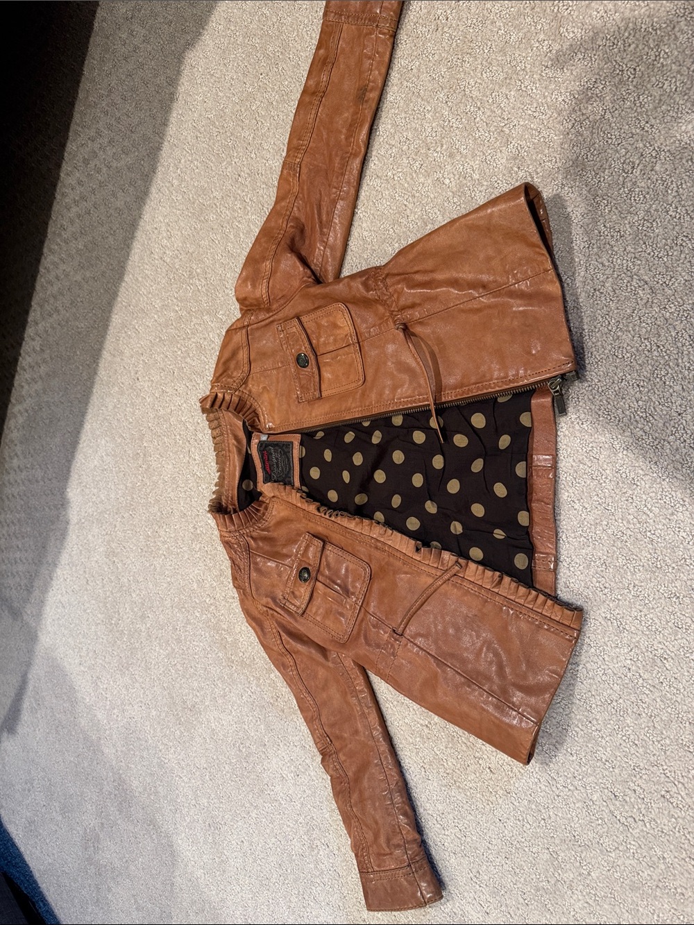 Catimini Brown Faux Leather Kids Jacket with Polka Dot Lining